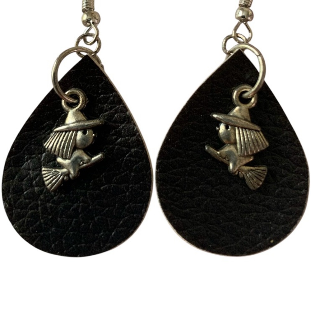 Handmade Black Teardrop Dangle Earrings Witch Pewter Charm by Jill Marie NEW